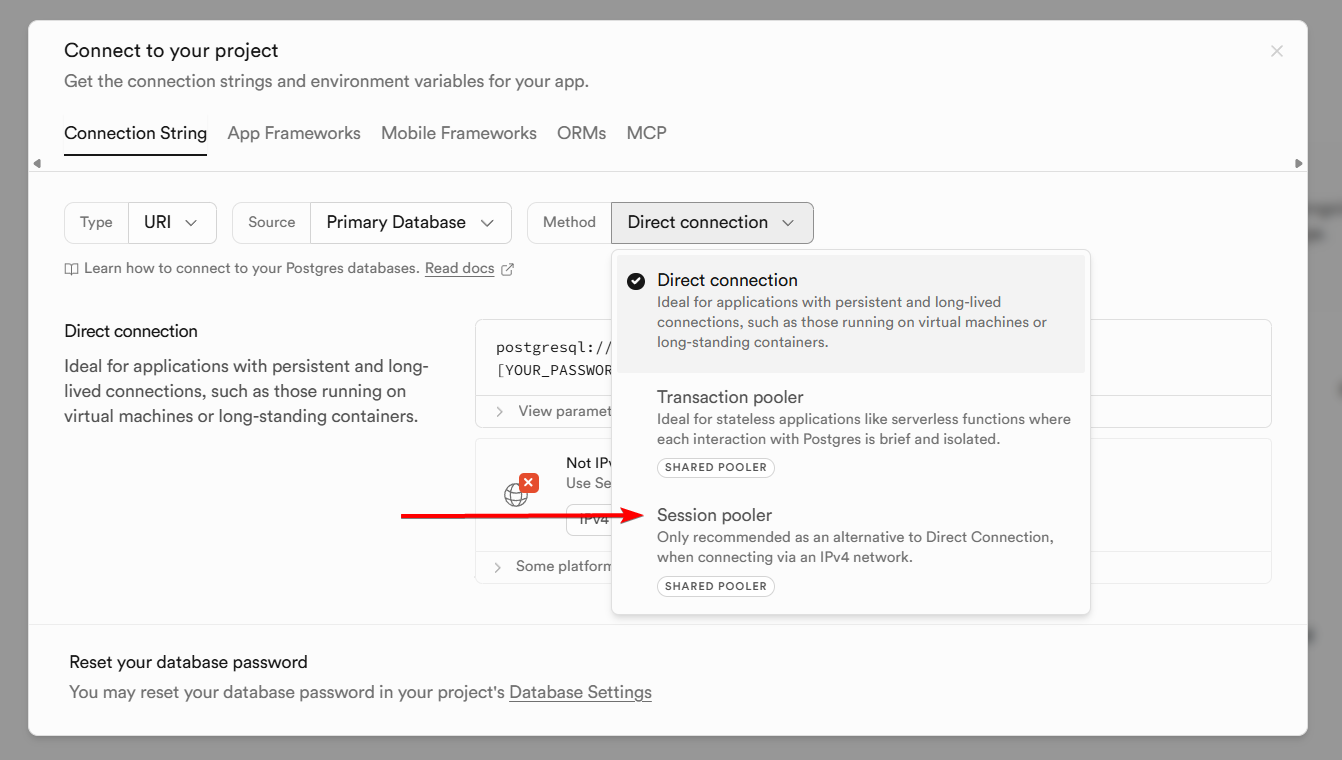 Select Session pooler mode in Supabase