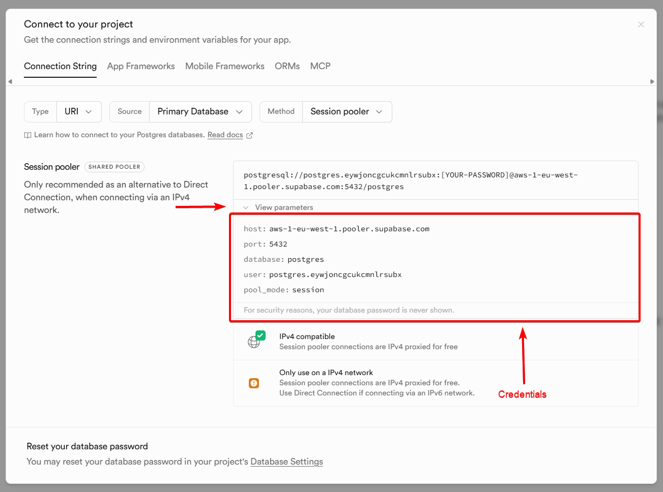 Enable IPv4 Address toggle in Supabase